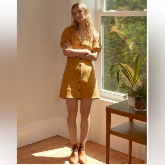 Madewell Texture & Thread Mustard Puff Sleeve Dress - Picture 1 of 2
